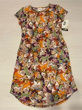 LuLaRoe Short Sleeve Girls 7 Dwarfs Dress in Orange, Purple, Green, Cream
